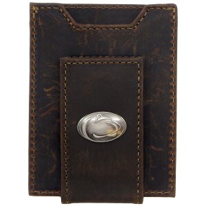 brown leather wallet with metal Penn State Athletic Logo